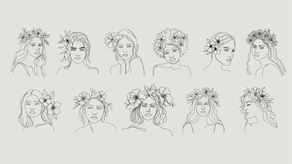 One-lined collection of beautiful young girls with flowers in the head