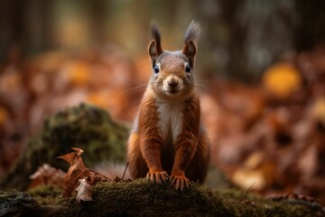 AI generated illustration of a red squirrel perched atop a mossy branch