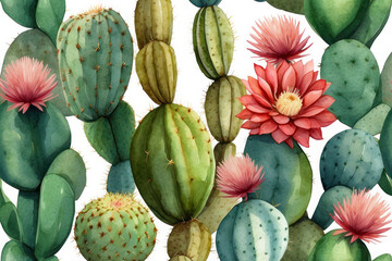 Cute watercolor illustration, texture bright cacti. Pattern on a white background, pink flowers, exotic pattern.