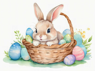 Texture watercolor illustration, cute bunny and basket with eggs isolated on white background. Splashes of paint, bright pastel colors, Easter.