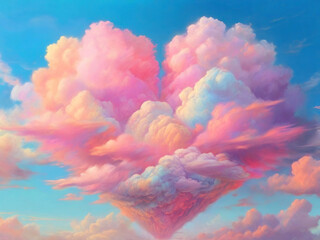 Illustration of a bright rainbow cloud in the sky in the shape of a heart. Pastel colors, curly clouds.