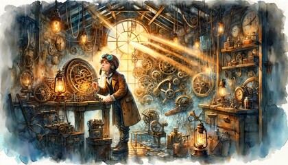 Inventor's Enchantment: A Steampunk Workshop in Watercolor - AI generated digital art