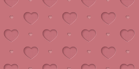 Seamless rose love pattern with hearts. Beautiful paper cut heart on background. Papercut illustration for cosmetic product display, valentine day wrapping paper, presentation, textile, wallpaper.
