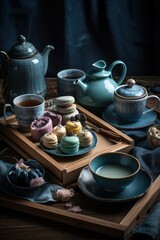 AI generated illustration of a tray with teapots and a selection of delicious pastries