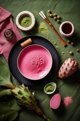 Obraz na płótnie Canvas AI generated illustration of bowls of pink and green matcha with a traditional bamboo whisk