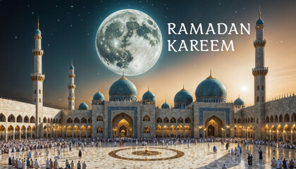 Ramadan celebration poster with text Ramadan Kareem. Grand mosque with multiple domes and minarets, with full moon and crescent moon Islamic symbols.