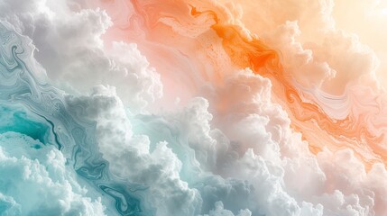 A serene and dreamy abstract scene is created by the beautiful merging of pastel peach, misty lavender, and soft mint that gradually cascades across a textured marble surface. 
 - obrazy, fototapety, plakaty