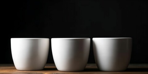 AI generated illustration of three porcelain cups with mockup on a black background