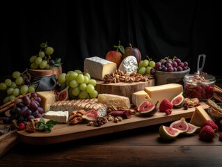 sumptuous cheese and charcuterie board,with a variety of artisanal cheeses. Ai Generative