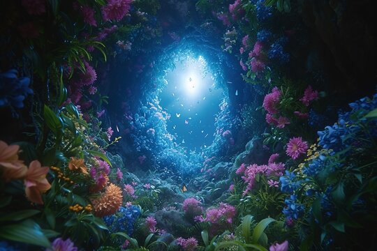 April Showers - A vibrant and colorful image of a flower-filled cave, showcasing the beauty of nature and the arrival of spring. Generative AI