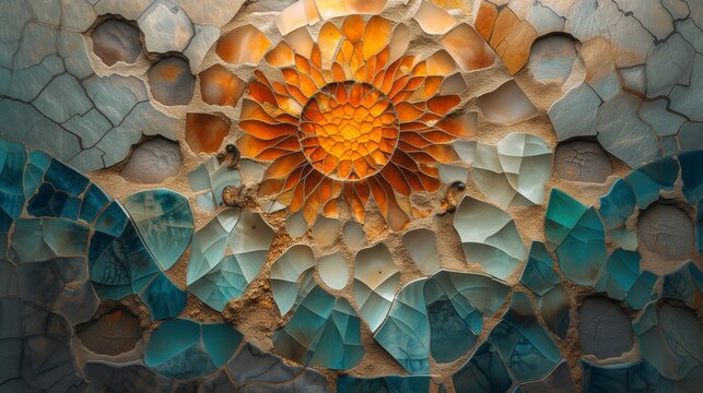 A visually arresting and intricate abstract show is created by a kaleidoscope of warm amber, serene aqua, and soft lilac forming an elaborate mosaic over a rough marble surface. 
