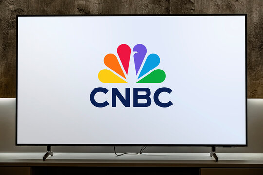 Flat-screen TV set displaying logo of CNBC