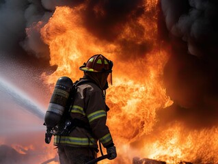 AI generated firefighter in protective gear tackling a raging fire - obrazy, fototapety, plakaty
