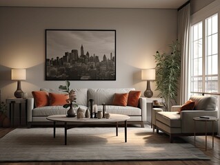 AI generated cozy living room interior featuring beige walls and flooring with comfortable furniture
