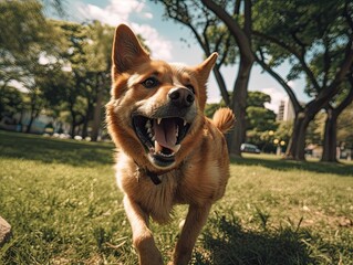 Naklejka premium AI generated dog with mouth open standing in a lush grassy field