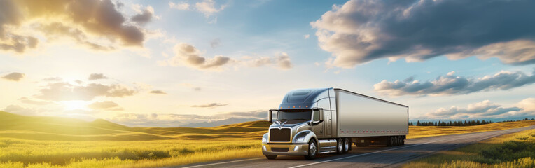 Panoramic view on large truck on a highway road through the countryside in a beautiful sunrise. Generative AI