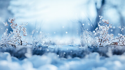 Winter landscape with frozen trees, snowflakes and blue bokeh lights.. Winter background. Generative AI technology.