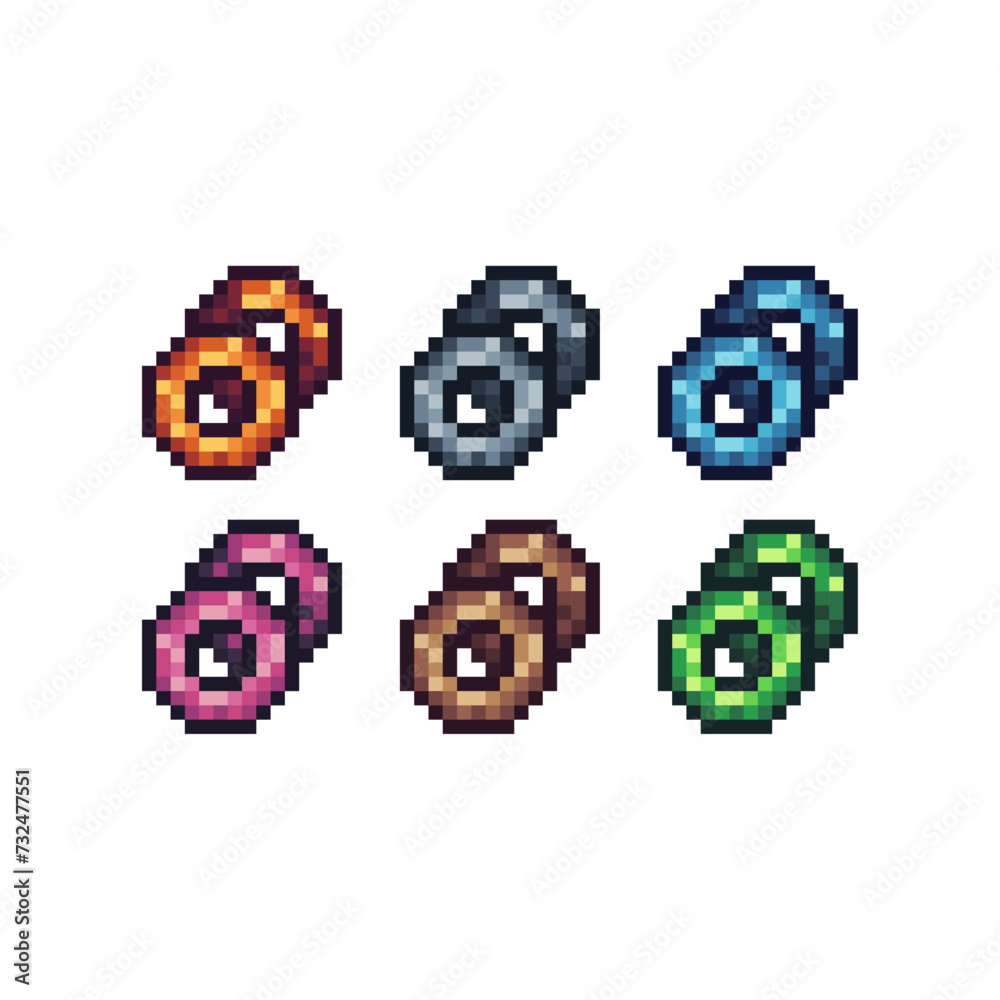 Poster pixel art sets icon of donut with variation color.donut food icon on pixelated style. 8bits illustra