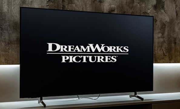 Flat-screen TV set displaying logo of DreamWorks Pictures