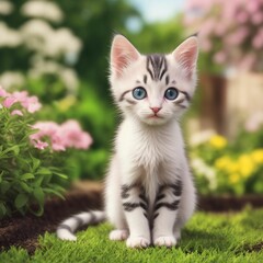 AI generated illustration of an adorable tabby cat sits in the lush green grass