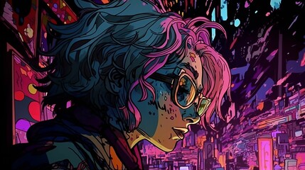 Detailed comic-book art of cool female character with pink hair in a busy street, ai-generated