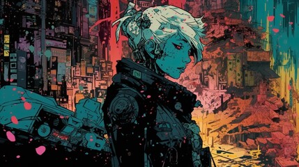 Detailed comic-book art of a young female warrior standing alone in a neoncity street, ai-generated