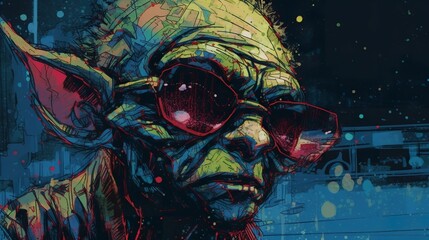 AI generated illustration of a green goblin wearing sunglasses, comic book style