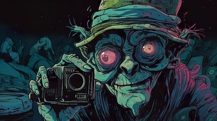 Detailed comic-book art of an old smiley human-like alien with a camera in his hands, AI-generated