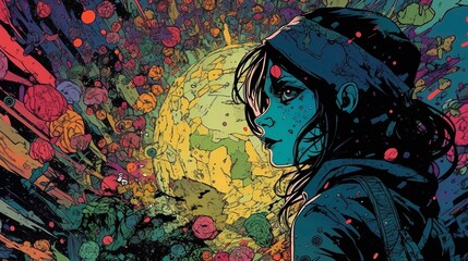 Detailed comic-book art of a young woman with a contemplative look on her face, AI-generated