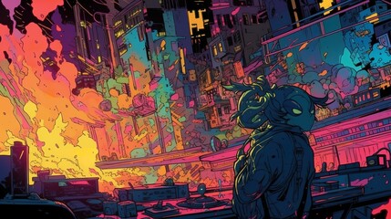 AI generated illustration of an alien figure walking down a cyber city, comic book style