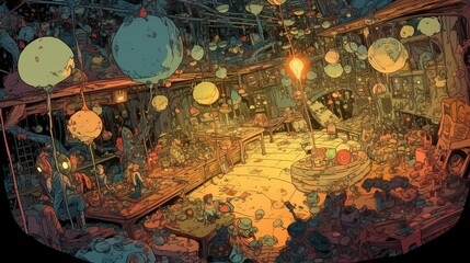 AI generated illustration of a room with a festive atmosphere in an abstract comic book style