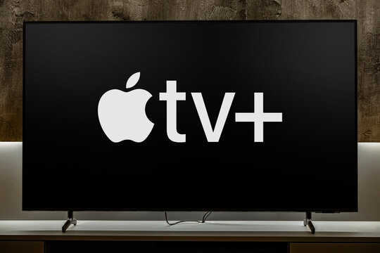 Flat-screen TV set displaying logo of Apple TV+