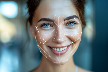 beautiful woman smiling face being recognized by facedetect algorithm, scanner of the volumetric-spatial shape of a person’s face