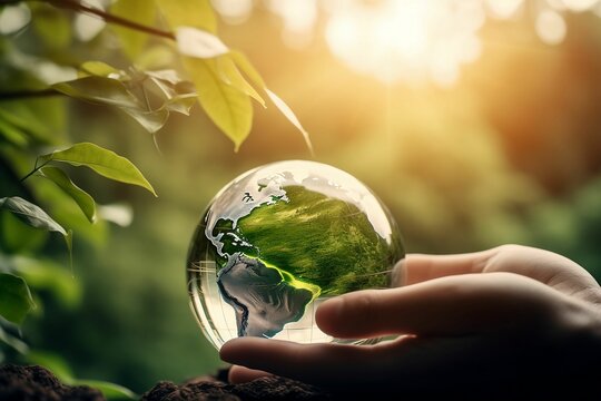 AI generated illustration of a spherical Earth globe in hands, offering it to the viewer