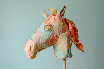 children's toy - the head of a beautiful fabric horse on a stick isolated on a pastel background. hobbyhorsing concept