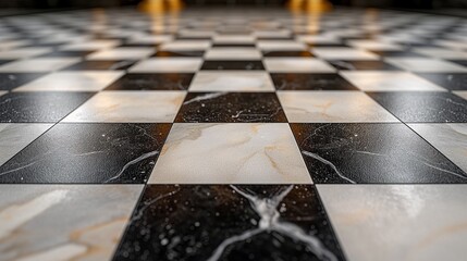 a marble slab that resembles a chess board in its stunning black and white contrast. There is a sense of balance and order created by the symmetrical and geometric texture of the marble. 
