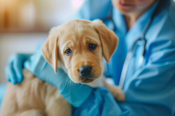 
close up image of puppy on vaccination at a veterinary clinic 
