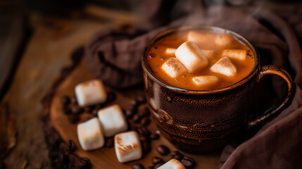 A brown ceramic mug, full of steaming hot marshmallow coffee, sitting on a table.