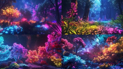 Fototapeta na wymiar A vibrant fractal forest with glowing flora and fauna under a starlit sky