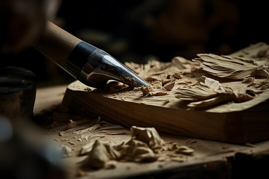 AI generated illustration of a craftsman carving a shape out of wood with a handheld tool