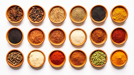 top view of Different seasonings in cups. Spice - obrazy, fototapety, plakaty
