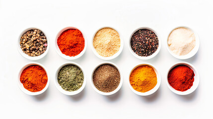 top view of Different seasonings in cups. Spice