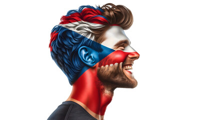 man soccer fun profile portrait with painted face of czech national flag isolated on transparent background - obrazy, fototapety, plakaty