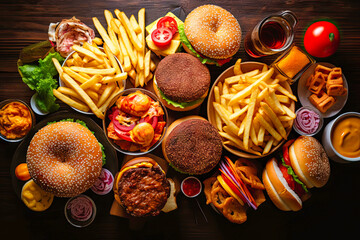 top view of variety of junk food on wooden table - obrazy, fototapety, plakaty