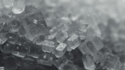 AI generated illustration of a close-up of white sugar grains against a black background