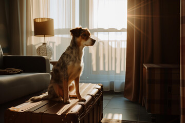 the dog sits on a suitcase, in the middle of a modern hotel room. sun and shadow. concept - pet friendly hotel