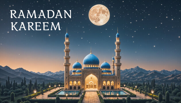 Ramadan celebration poster with text Ramadan Kareem. Grand mosque with multiple domes and minarets, with full moon and crescent moon Islamic symbols.