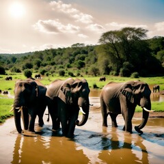 AI generated illustration of a herd of African elephants walking in a lake near a dirt road