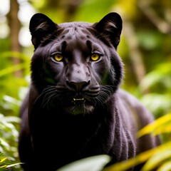 AI generated illustration of a sleek black panther in a lush, vibrant rainforest