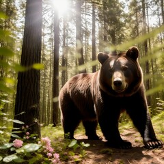 AI generated illustration of a brown bear walking in a dense green forest